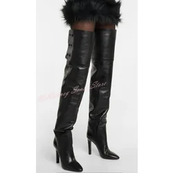 Buckles Leather Thigh High Boots Pointy Toe Solid Stiletto Heels Long Boots Women Sexy Shoes Winter Party Designer New Fashion