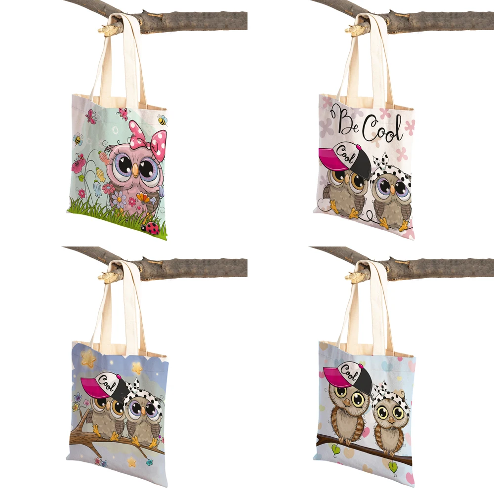 Bolsa de lona com design coruja para mulheres e crianças, tote de viagem, bolsa de ombro, reutilizável, desenhos animados, animal, moda