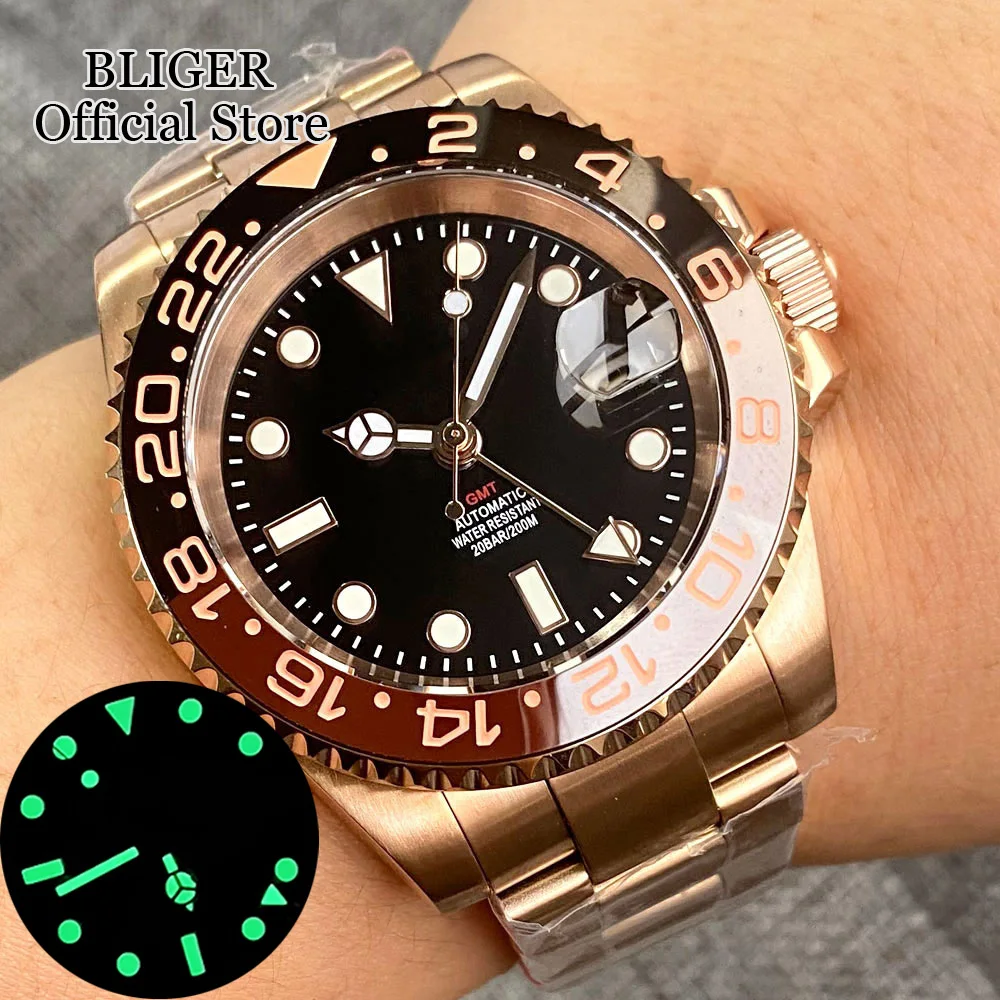 20ATM Waterproof 40mm Rose Gold NH34 GMT Automatic Watch For Men Steel Strap Ceramics Bezel Sapphire Glass Luminous