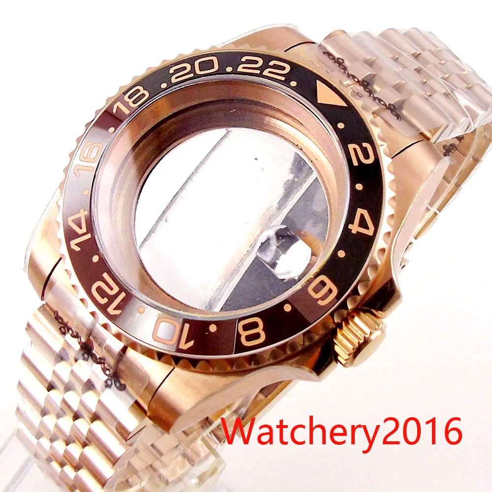 40mm Black Bezel Mens Watch Rose Gold Stainless Steel Case Glass Back Magnifier Fit NH35 NH36 NH34 2824 PT5000 Movement Model