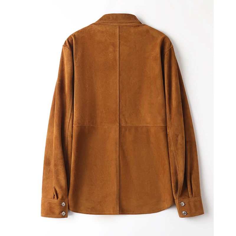 Genuine Suede Jacket Spring Autumn Fashion Simple Casual Single Breasted Gray/Coffee Sheepskin Long-Sleeved Shirt Coat Female