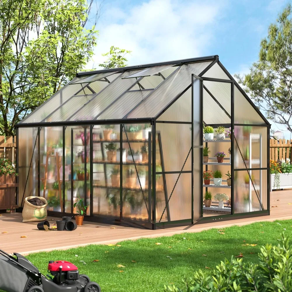 

Greenhouse - 8x10 FT, Polycarbonate, Aluminum Frame, Black, Roof Vent, Walk-in, Quick Setup