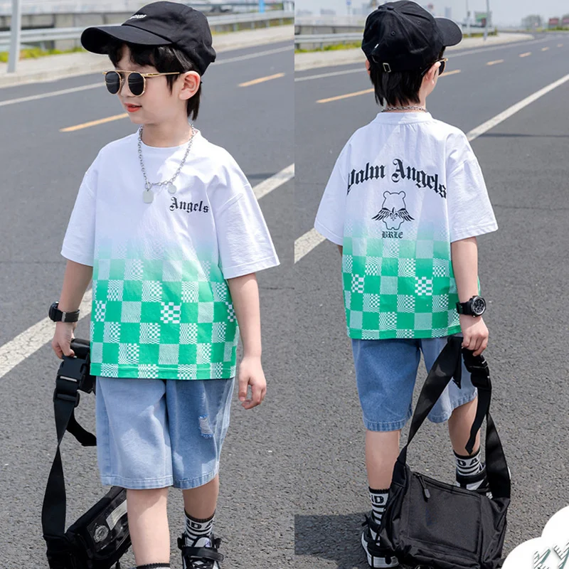 Sleeve Short Boys Suit Summer 2023 New Fashion Children's Checkerboard Plaid Two Piece Child Denim Teens Clothing Trend