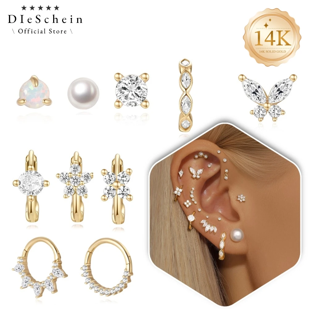 DIeSchein 14K Solid Gold Cartilage Piercing Earrings Women CZ Pearl Stud Huggie Hoop Earring Helix Tragus Lobe Piercing Jewelry