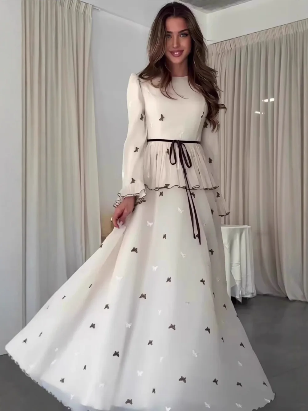 

2025 summer new style soft and elegant temperament Comfortable long sleeved waist tied long skirt fashionable dress for women