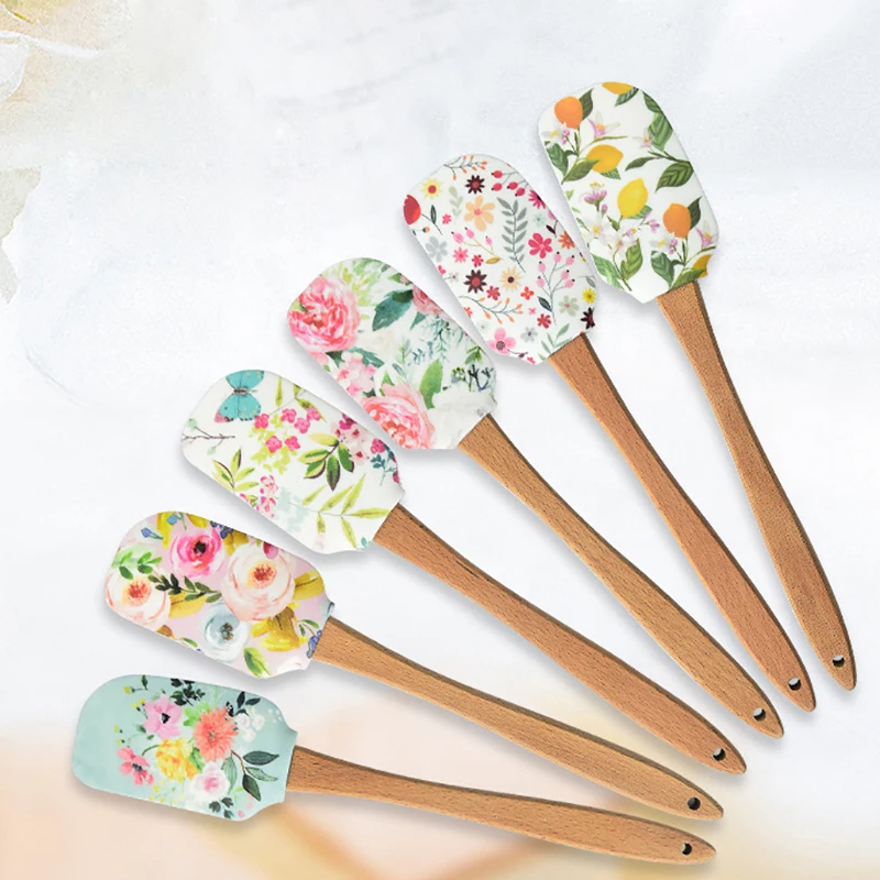 Non-stick Silicone Cookware with Wooden Handle Spatula Spoon Brush Sets Colorful Baking Kitchen Spatula Tools 30.5cm
