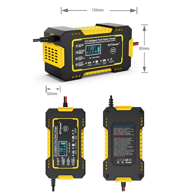 RJTIANYE 12V Fully Automatic Smart Charger 6A High Power Portable Car Motorcycle Battery Charger for Battery Charging UK Plug