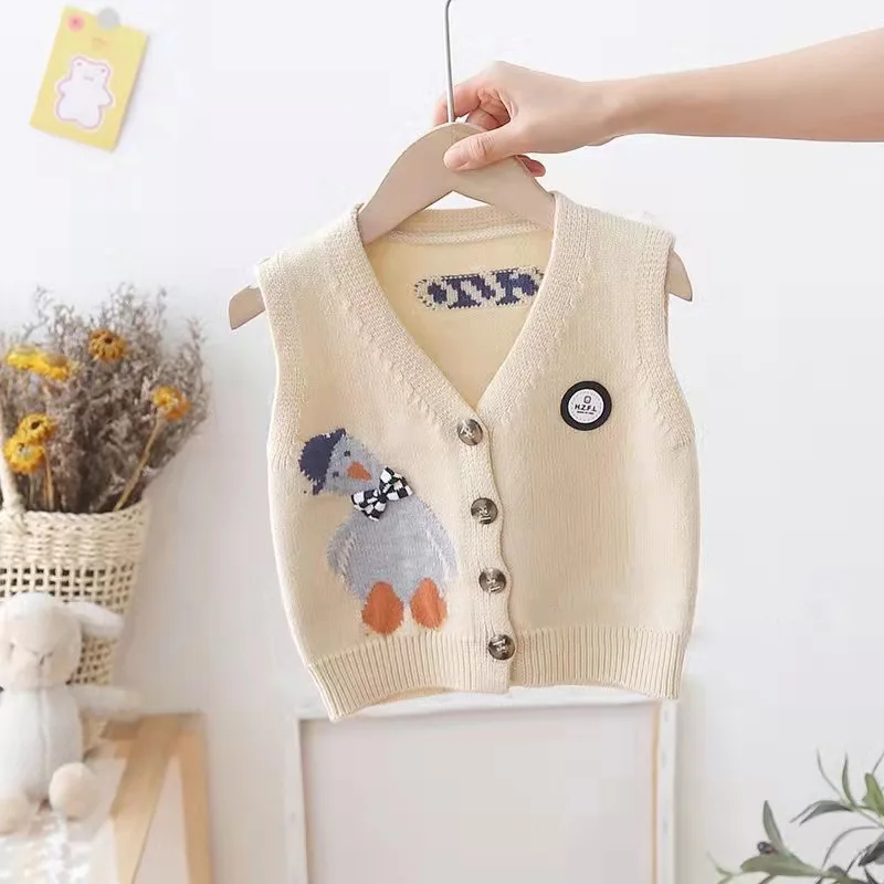 Autumn Children Baby Clothes Cute Cartoon Duck Vest Cardigan Sweater Kids Knitting V-neck Vest Coat Soft Comfortable Waistcoats