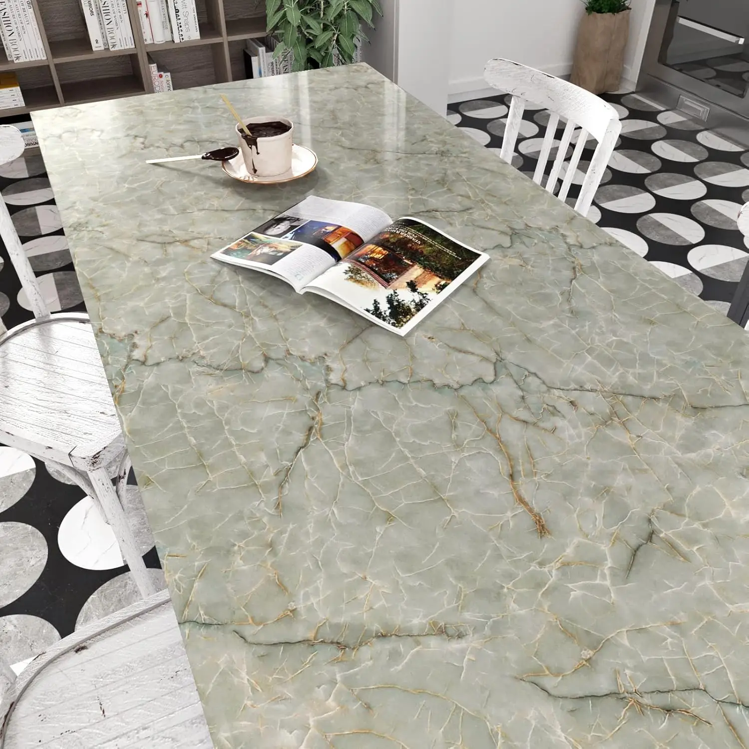 Aesthetic Green Marble Peel and Stick Wallpaper | Glossy Removable Contact Paper for Cute Kitchen, Dorm, Bedroom Makeover