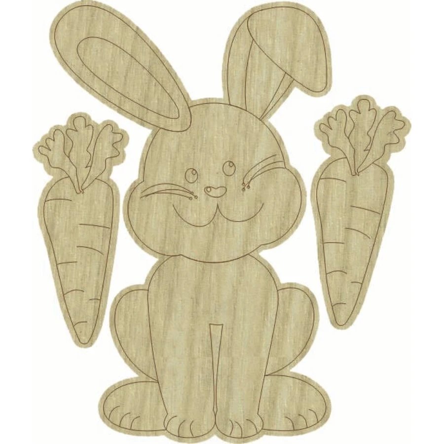 KD268 Rabbit and Carrots Wood Package Ornament, Unpainted Raw Wood Ornament