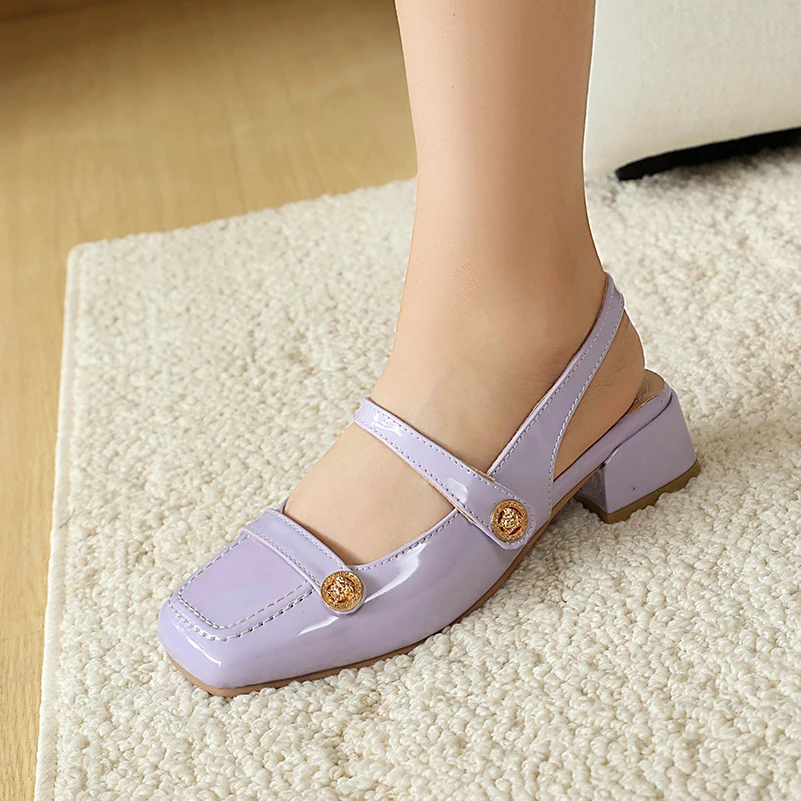 Plus Size Slingback Mary Jane Pumps Square Block Heel Single Strap Metal Button Patent Glitter Multi Color Vintage Party Heels