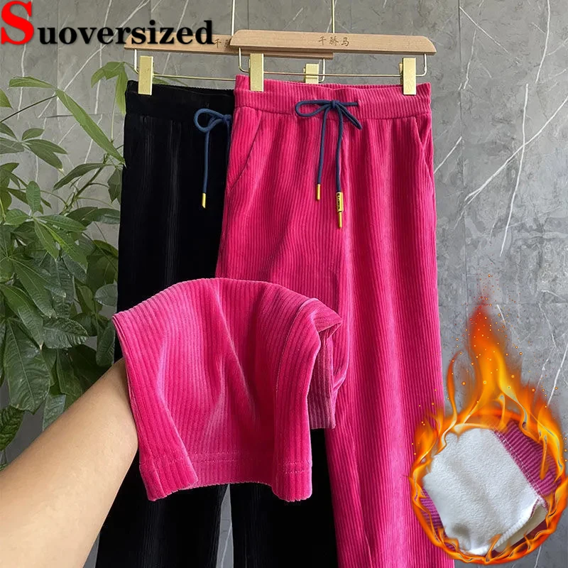 

Korean Winter Warm Baggy Pants Thicken Snow Wear Straight Trouser Casual Women Wide Leg Pantalone High Waist Plush Lined Spodnie