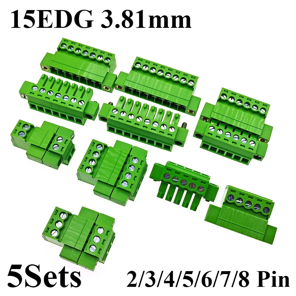 

5Sets 15EDG 3.81 2/3/4/5/6/7/8 Pin Right Angle Screw Terminal Block Connector 3.81MM Pitch Plug + Pin Header Socket 2p 3p-8p