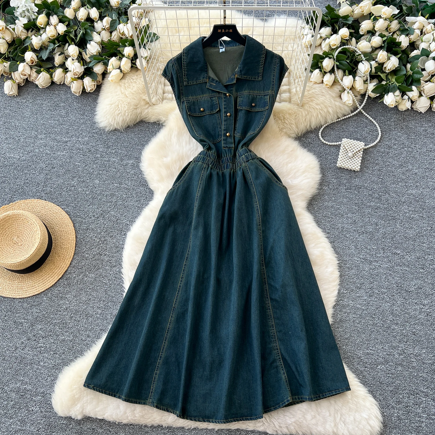 

Jean Button Long Dress Vestidos Short-sleeved Denim Dresses For Women Casual Slimming Big Swing Long Dress