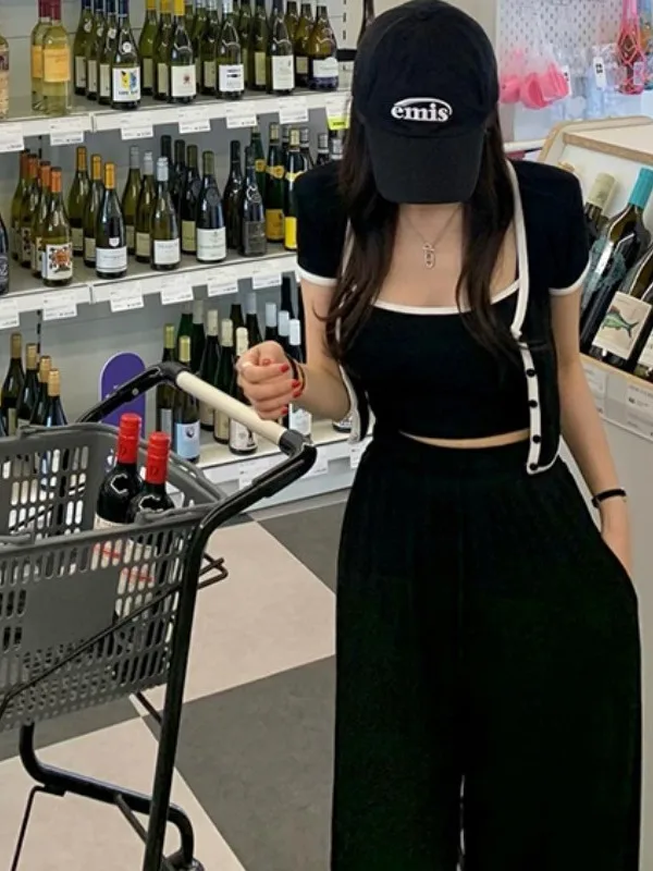 Summer 2025 Casual Spor Tee-Piece Set with Strap Vest Jaet High Waist Wide Leg Pants Ensemble Faionable Women's Suit