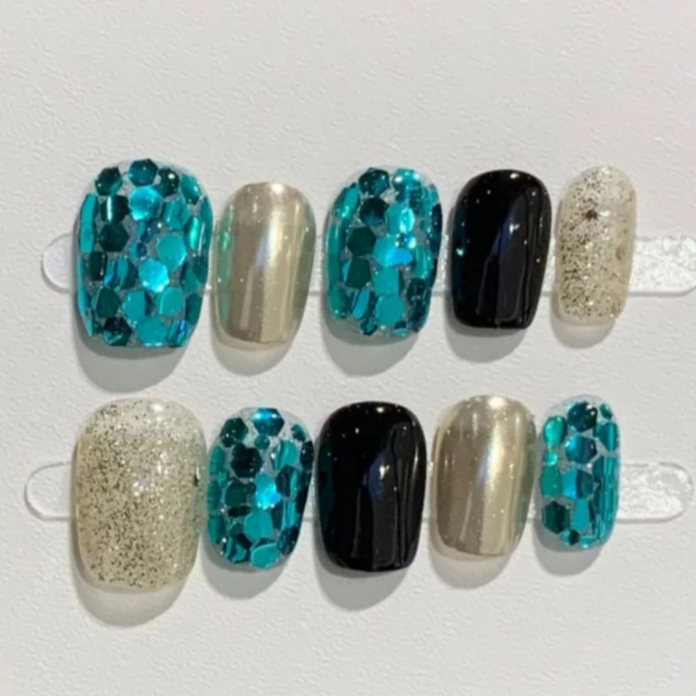 10 قطعة الأظافر اليدوية نصائح عارية عين القط التدرج تصميم أظافر صناعية الفن اللؤلؤ الماس قصيرة مربع وهمية مسمار اضغط على مجموعات الأظافر