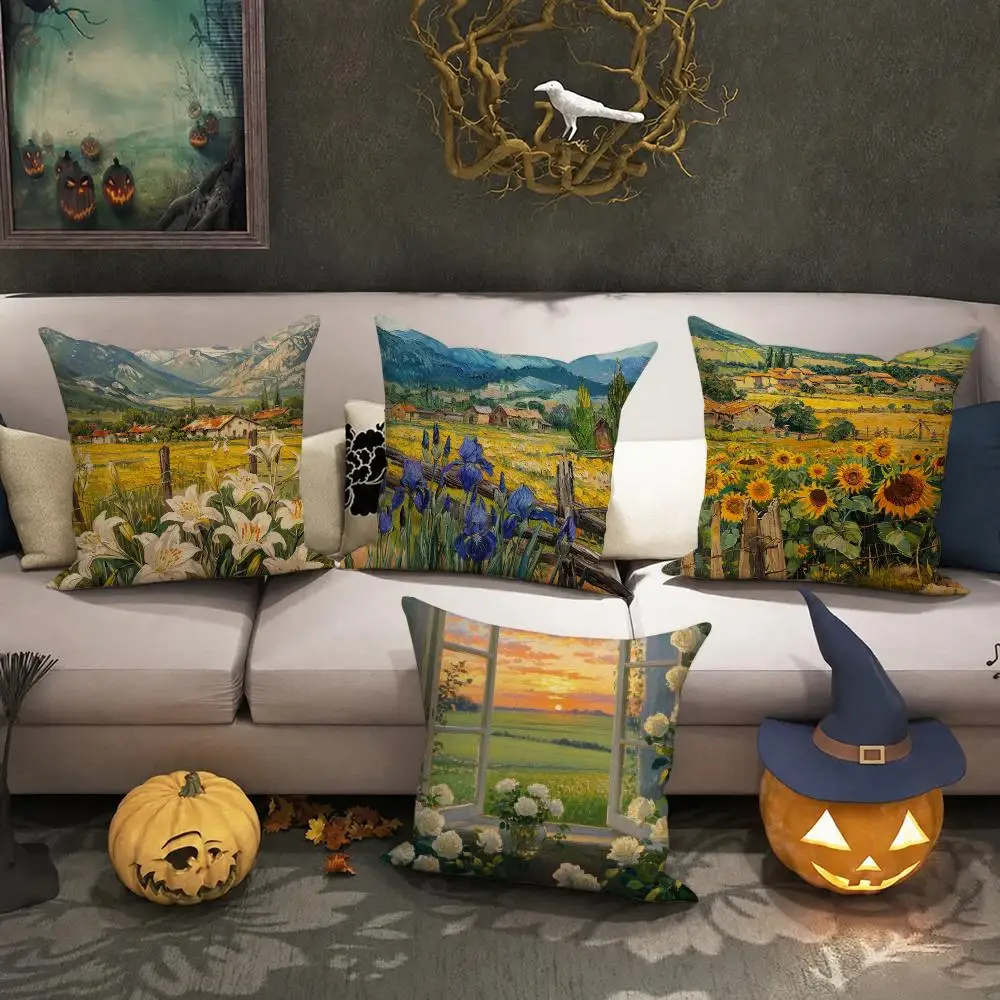 Landscape painting style Cushion Cover Halloween decoration trick or treat cushion cover, ghost, pumpkin head, bat decoration