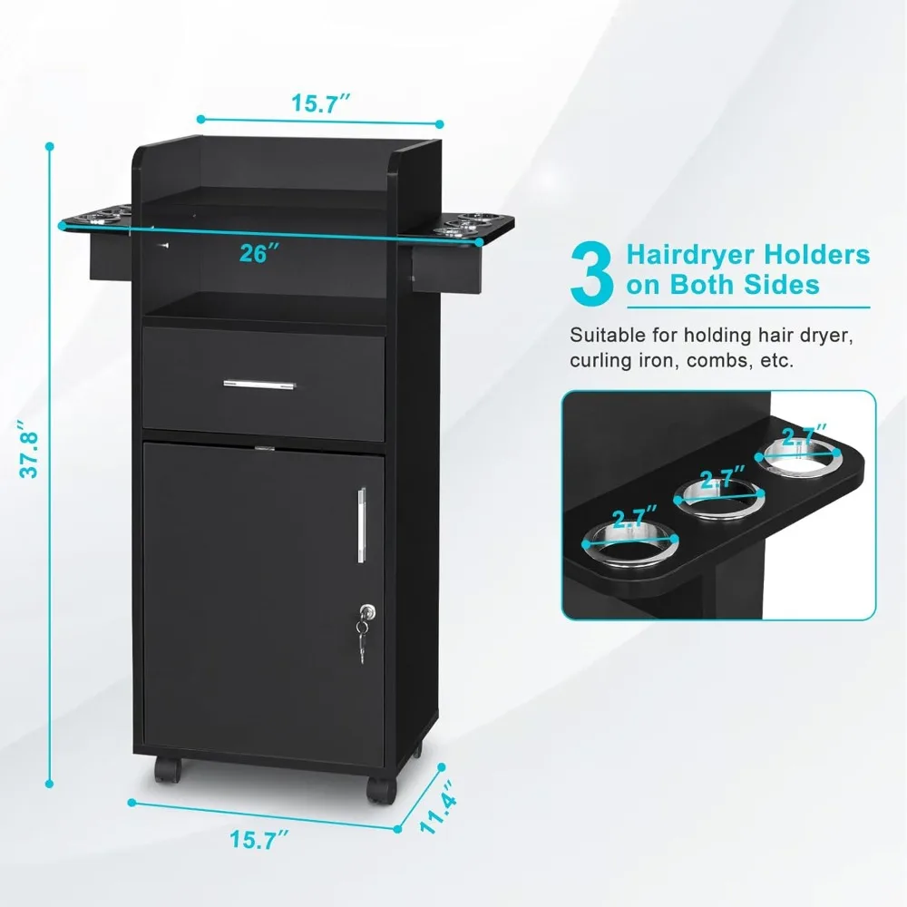 عربة ترولي لصالونات التجميل، خزانة صالون بزاوية 360 درجة °   عجلات، 6 حاملات أدوات، درج واحد، عربة دوارة لمحطة الصالون للشعر