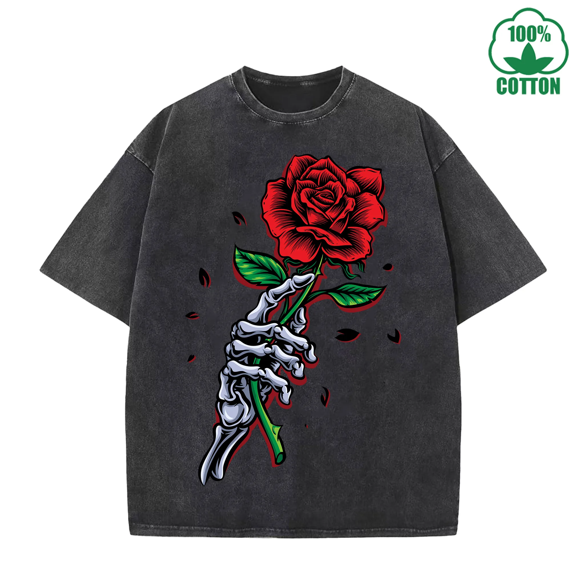 

Holding A Rose Printed Washed T-Shirt 230G Multicolor Loose Trendy Fashionable Cotton Short Sleeve Top The Best Gift