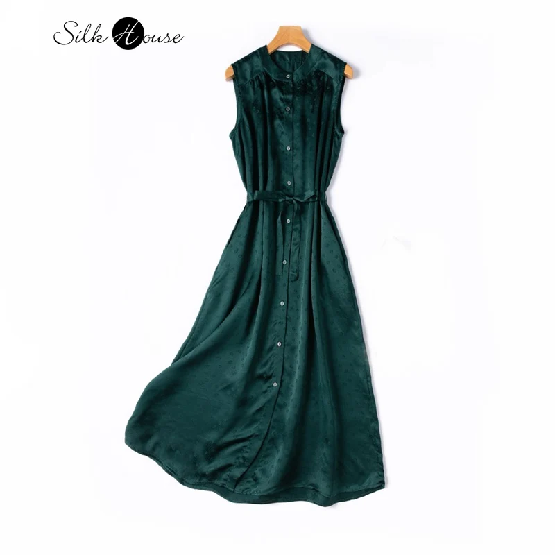 

Temperament Retro Green Soft Glutinous Fabric 100% Natural Mulberry Silk Jacquard Satin Elegant Commuter Women's Tank Top Dress