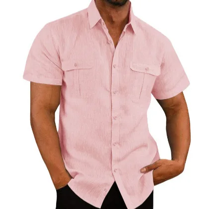 Summer Men's Short-sleeved Shirt Button/zipper Cardigan White Top Lapel Black Loose Fashion Street Pocket Blouses