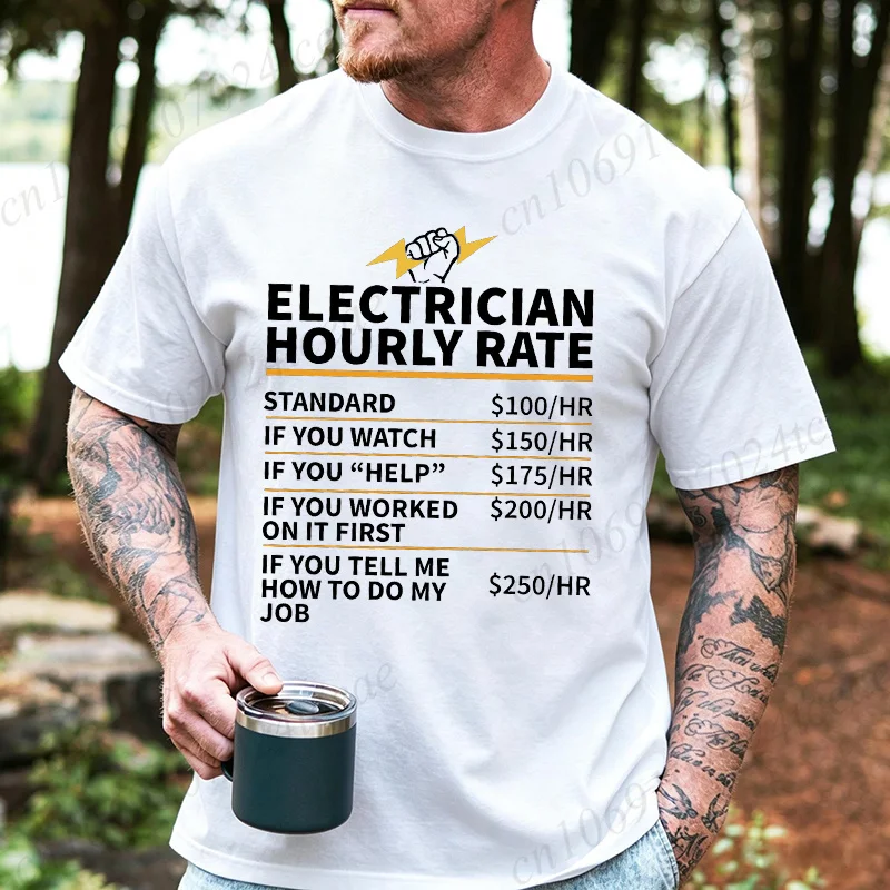 Men Electrician Hourly Rate T Shirt Funny Price List Graphic Tees Lightning Fist Slogan Short Sleeve Casual Work T-shirts Gift