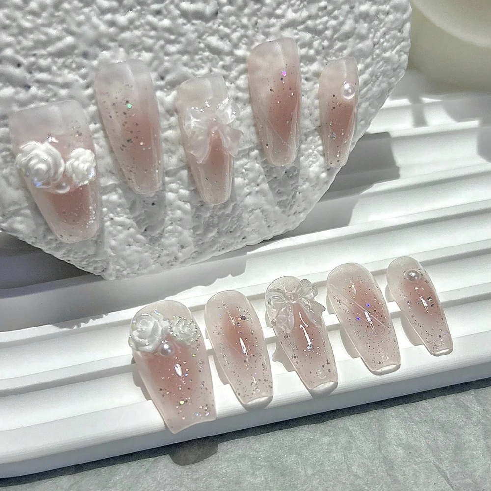 10 piezas arco rosa seductor inocente dulce chica uñas postizas Otoño Invierno Camelia hecho a mano arte de uñas arco rubor uñas artificiales