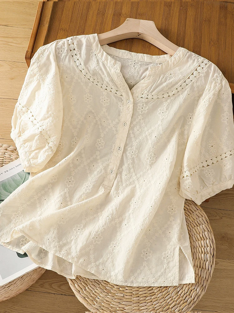 レトロ刺繍入り中空オルトスヴェイルト女性用夏用軽量ルーズスリムVネック小さめトップ通勤用スレピュアカラー