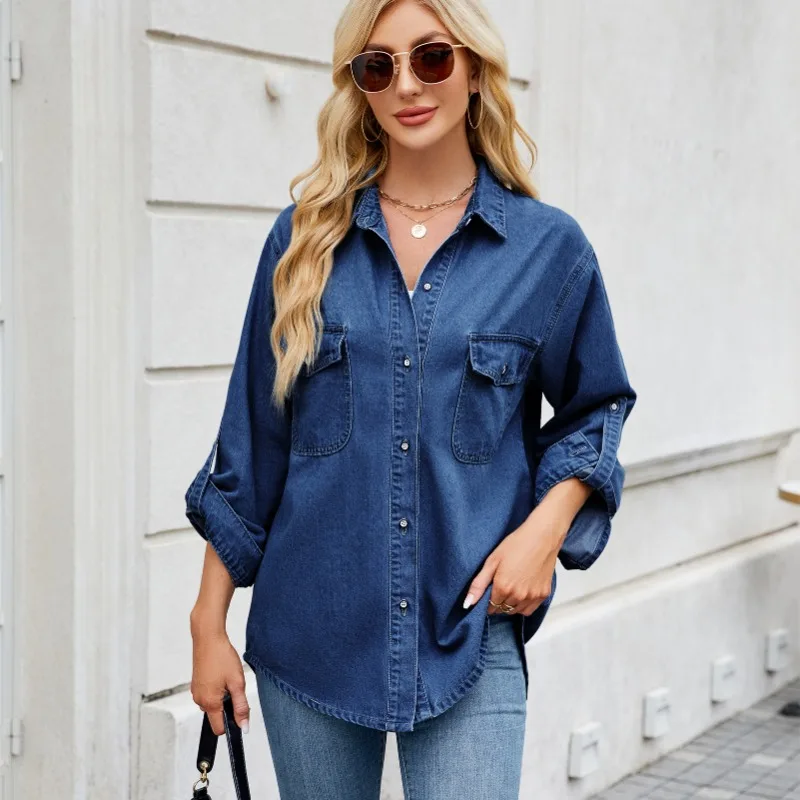 European and American Spring Summer Women's Clothing Amazon Independent Station Washed Adjustable Sleeve Denim Shirt Loose Top