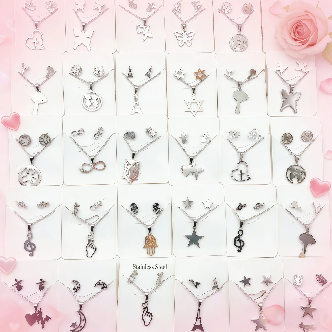 5/10/15/20/25/30Set Fashion Butterfly Heart Stainless Steel Earrings Necklace Set For Women Mix Style Trendy Jewelry Party Gifts