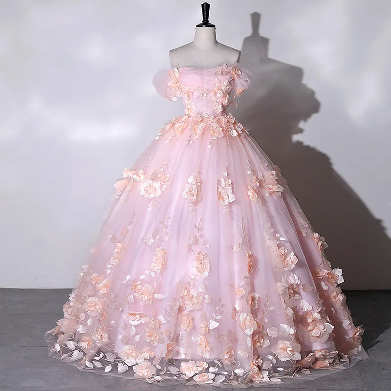 Exquisito vestido De novia con hombros descubiertos, vestidos De baile Rosa dulce, apliques De flores, vestido De fiesta De hadas, novedad De 2023