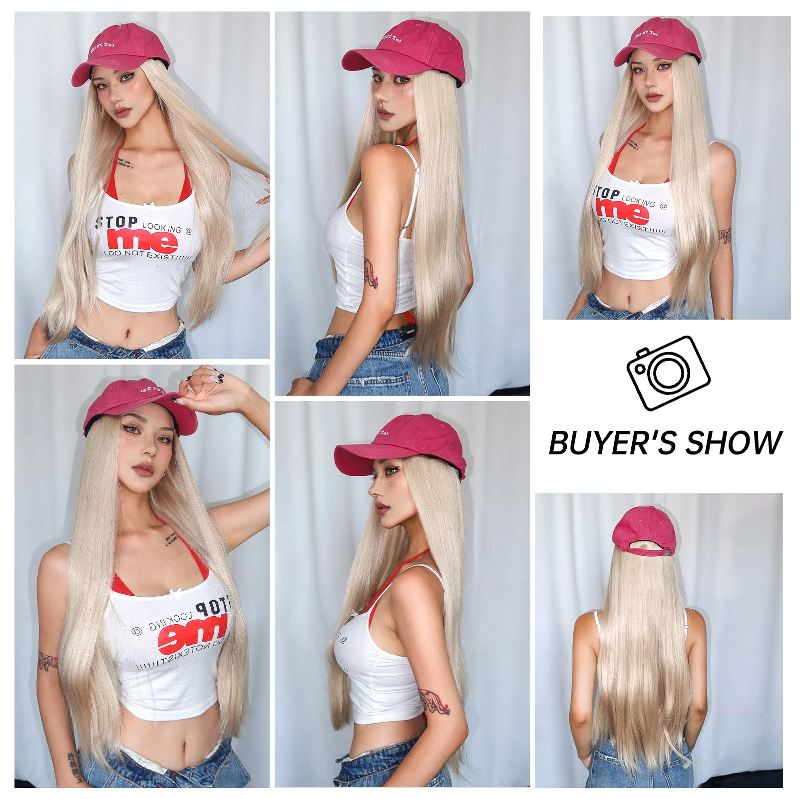 Pink Baseball Cap with Wig Long Straight Blonde Synthetic Hat Wigs One Piece Women Use Fashion Adjustable Connect Hat Hair Wigs