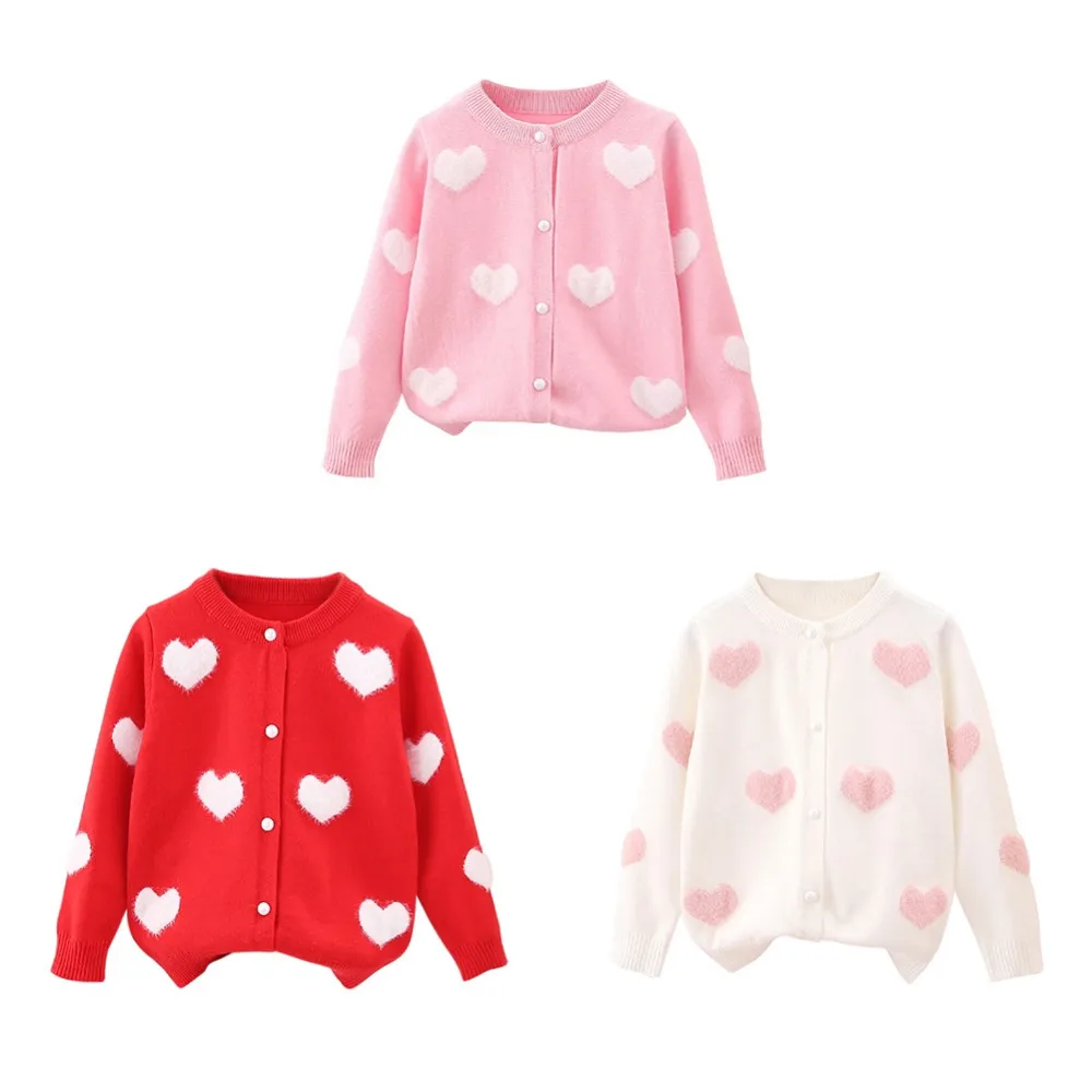 New 2024 Baby Girls Fashion Knitted Cardigan Sweater Kids Autumn Warm Heart Embroidery Button Sweater Jacket Coat Cotton T-Shirt