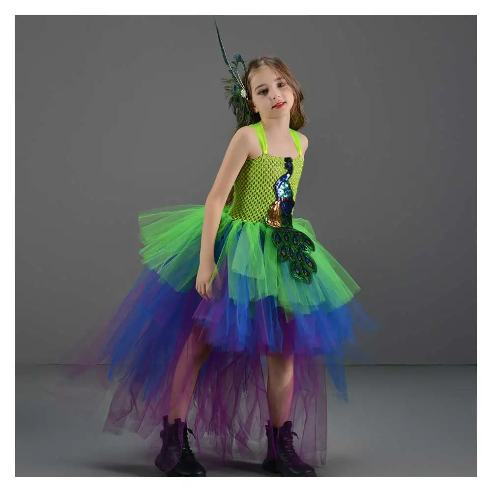 Pauw Podium Performance Cosplay Jurk Hoofddeksels Kinderen Meisjes Kostuum Outfits Halloween Carnaval Feest Roleplay Pak