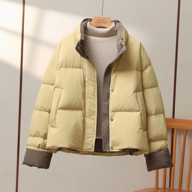 2025 invierno nueva versión coreana Casual suelta Color contrastante cremallera Simple cuello levantado Chaqueta de algodón para mujeres Cotto corto