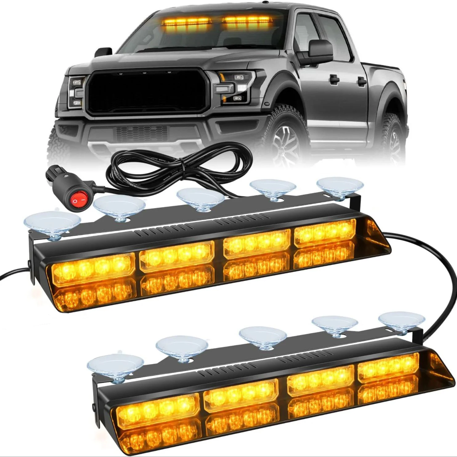 2 in 1 32 LED Car Strobe Lights For Emergency Flash Warning Lamp Windshield Bar Police 26 Modes Amber White Auto Assembly 12/24V