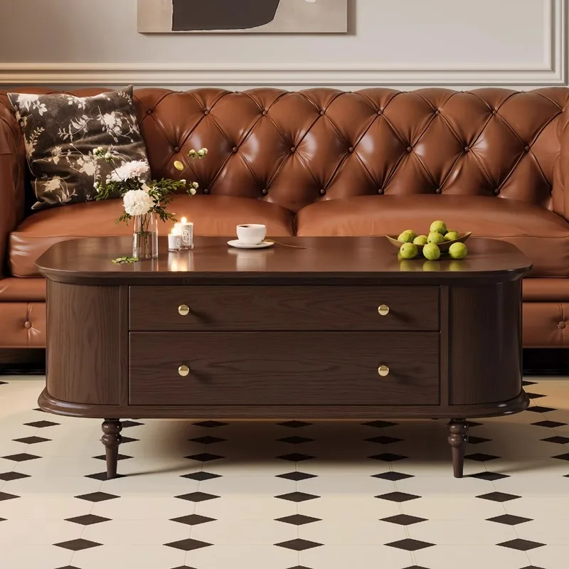French retro solid wood coffee table, tea table, oval American medieval sofa edge table