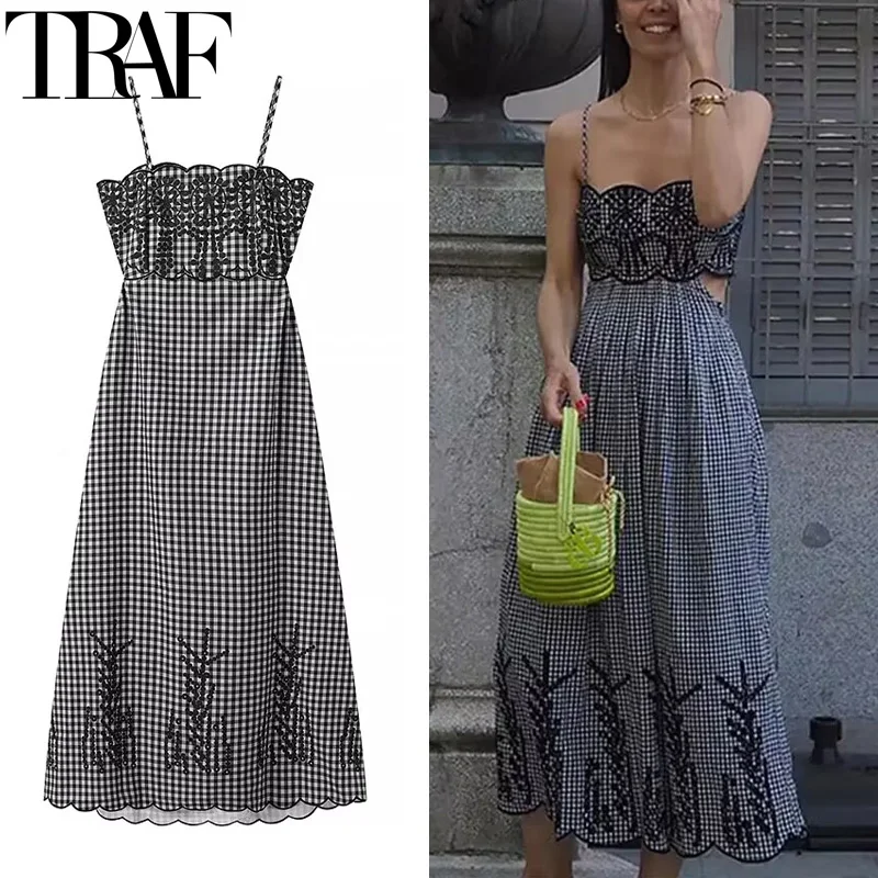 TRAF Women\'s Dress Sleeveless Plaid Slip Dress Women Cut Out  Embroidery Long Dresses Woman Backless Holiday Party Dresses