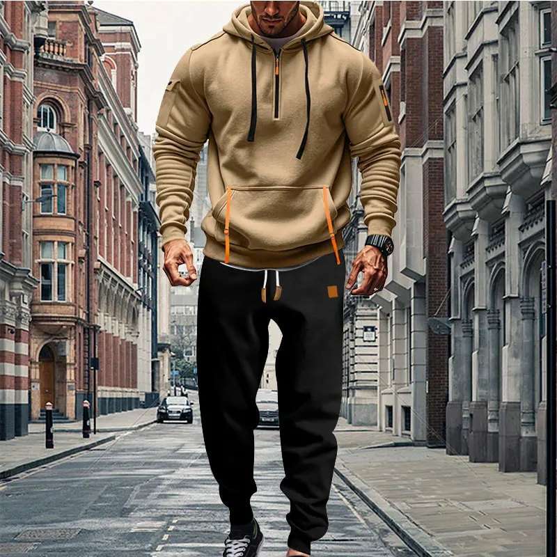 Autumn And Winter New Men\'s Suit Plus Fleece Warm Men\'s Clothing Zipper Pocket Hoodie And Sweatpants Outdoor Leisure Sports Suit