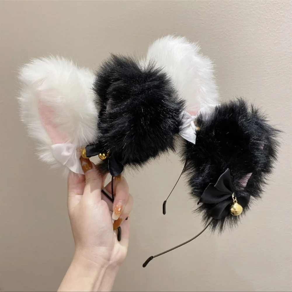 Cute Plush Cat Ears Headband Sexy Fox Lace Bow Choker Bell Ear Hairband Women Cosplay Masquerade-Party Costume Hair Accessories