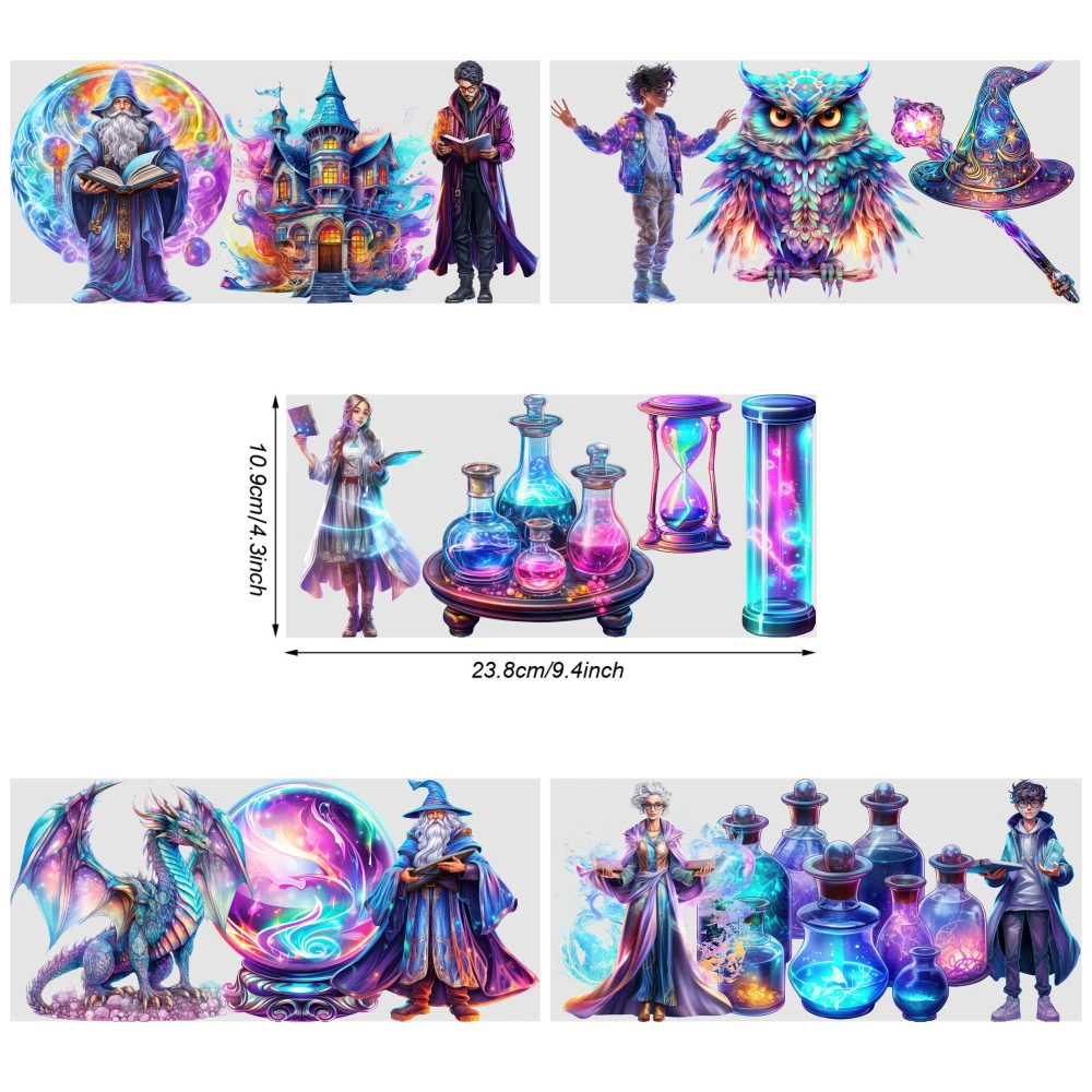 5 Sheets Magic Castle Wizard Dragon Owl Potion Flask Hourglass Moon Star UV DTF Stickers UV DTF Stickers Waterproof Rub on