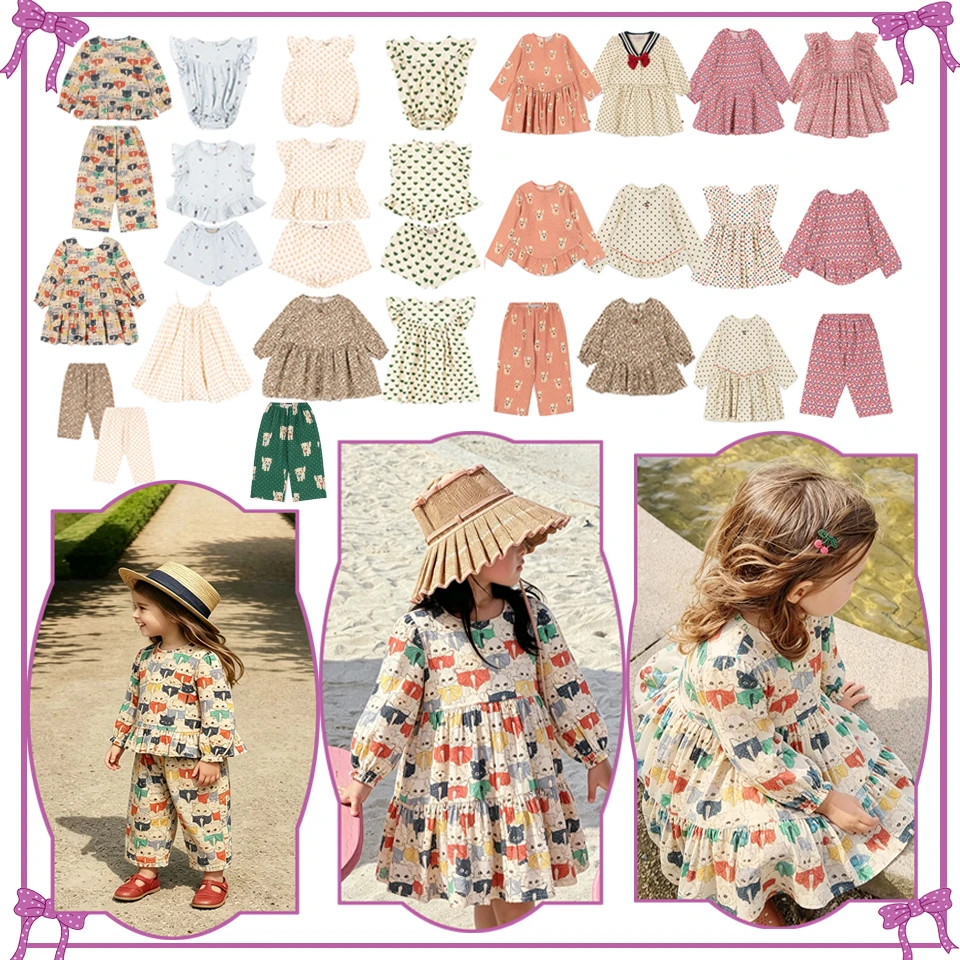 2026 KS Girl Dress Blouse Shirt Pants Set Summer Round Neck Cute Cotton Floral Kitten Hearts Print Children Clothing Vacation
