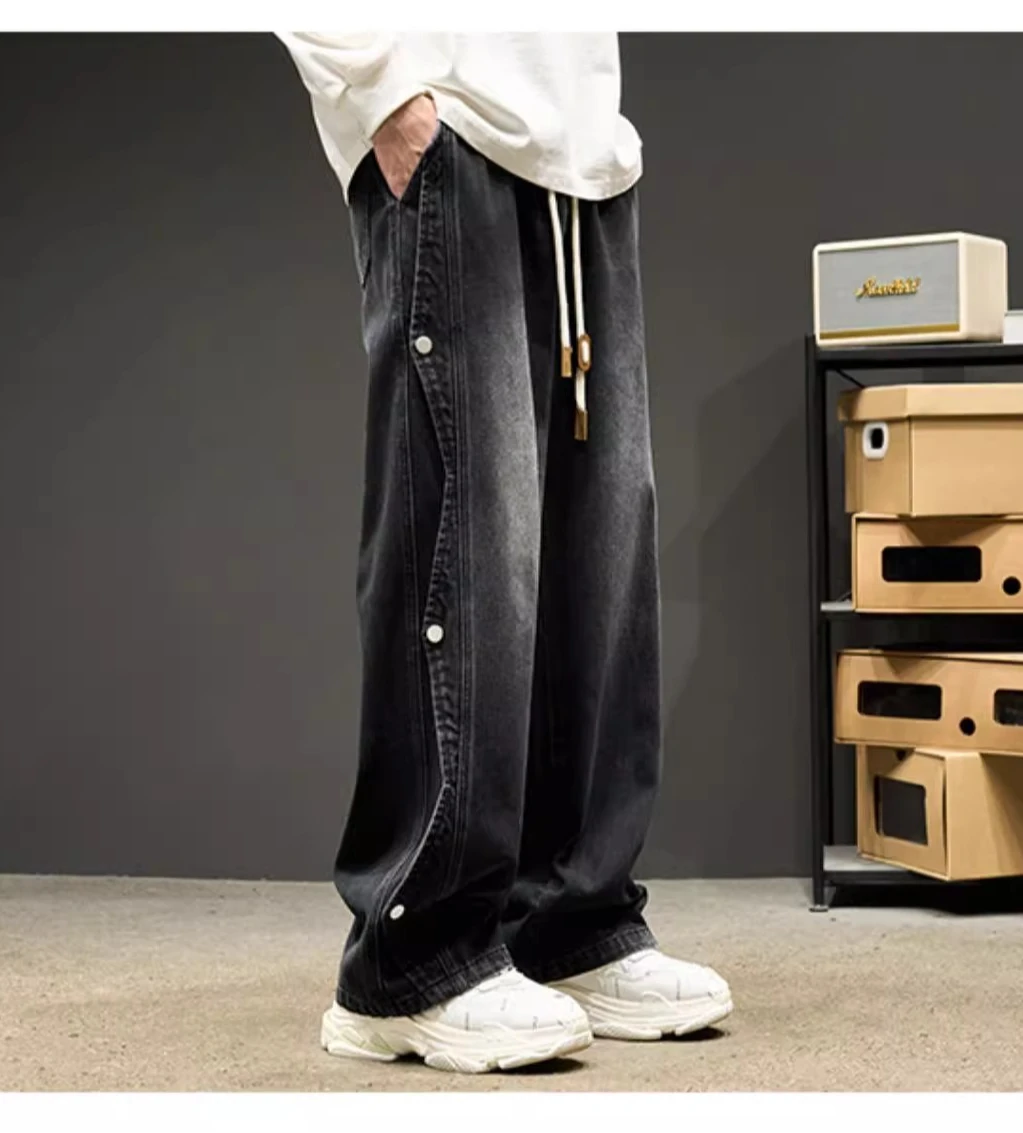 Spring and Autumn New Blue Loose Wide-Leg Straight Pants American High Street Black Patchwork Workwear High-Waist Denim Pants