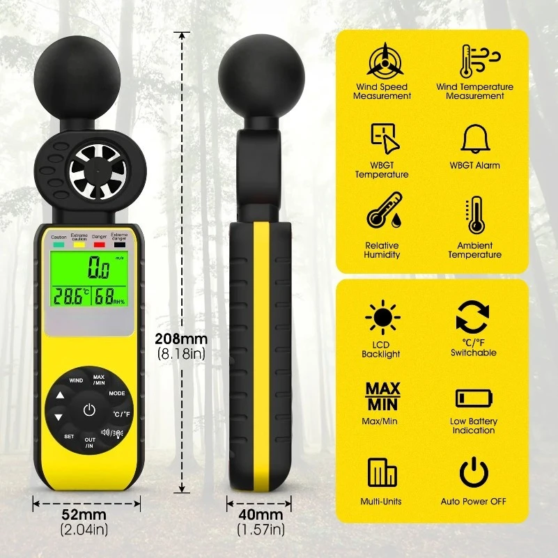 FOR  Wind Speed, Heat Stress Meter, Air Temperature, Humidity, 4in 1, 0 ~ 30 m/s, 0 ~ 50 ℃Digital Anemometer with WBGT Tester