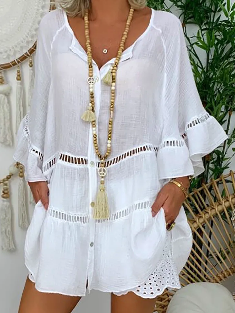 Lâche évider t-shirt quart Sve Dr femme décontracté Faion Polyester fibre une ligne jupe ort longueur U Ne Dr