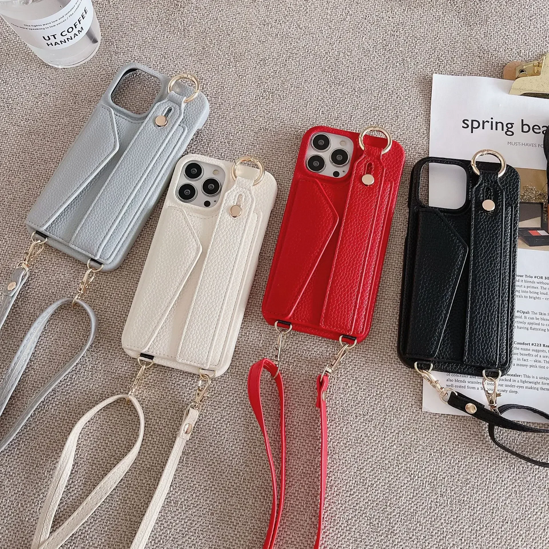 Ring-Crossbody-Handgelenkriemen-Brieftaschen-Lederhülle für iPhone 17 16 15 14 13 12 11 Pro Max Handyhülle mit Kartenfach und Lanyard – Detail 2