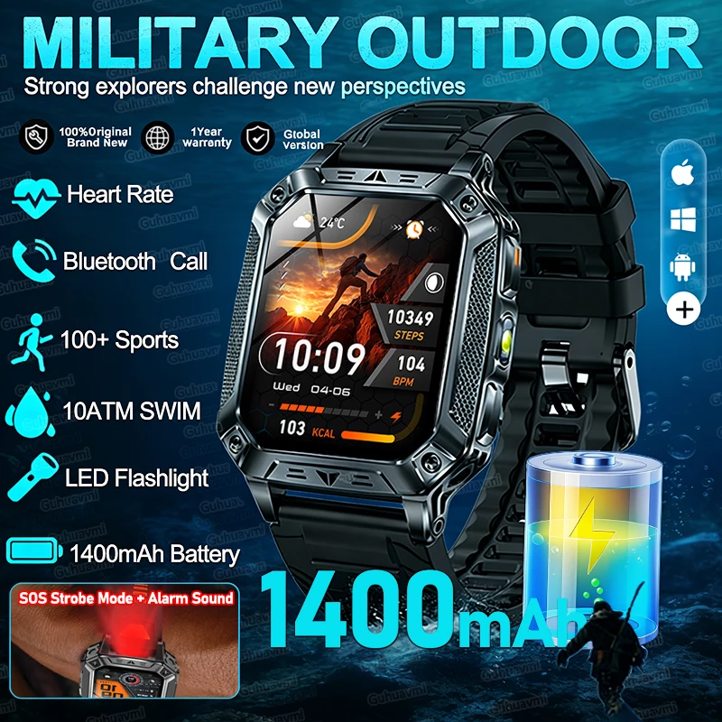 Military Outdoor 1400mAh Battery Smart Watch 10ATM Waterproof GPS Track Bluetooth Call AMOLED Sports Smart Watches For man 2026