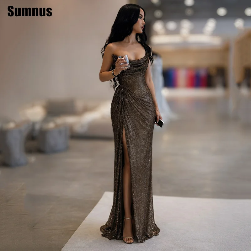 

Sumnus Elegant Mermaid Prom Dresses Sequined Boat Neck Pleats High Slit Evening Dresses فساتين سهرة Customized