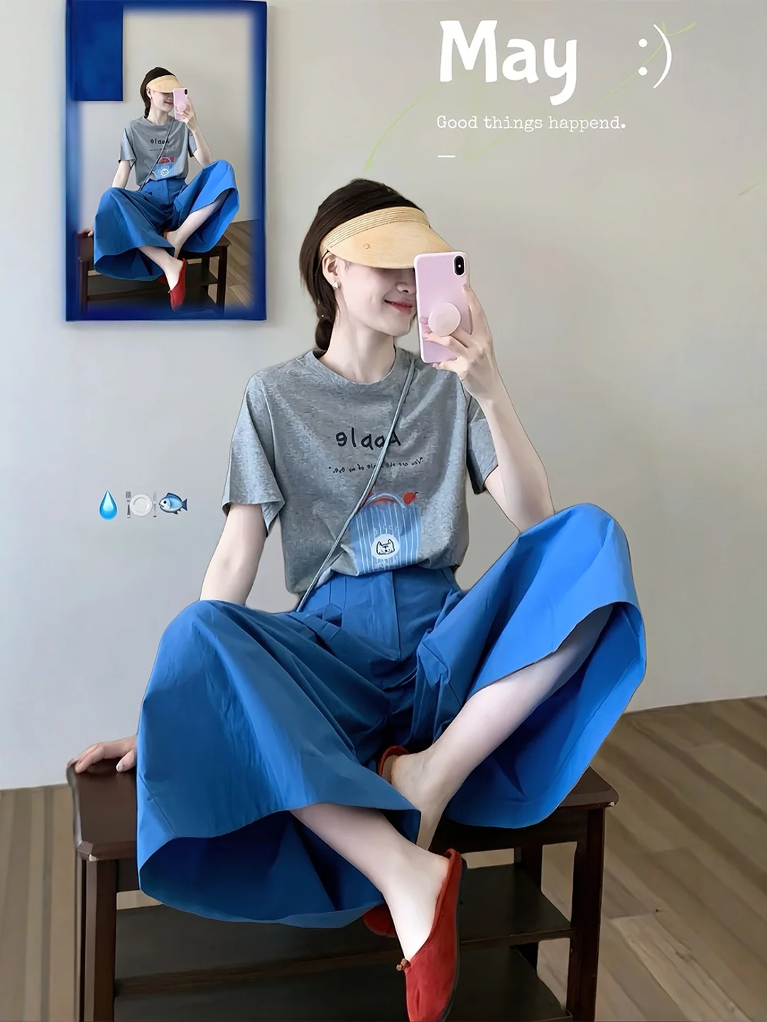 

plus Size Summer Outfit Korean Sle T-irt And Wide Leg Pants Print Design Unique Klein Blue Set for Women plus Size MM