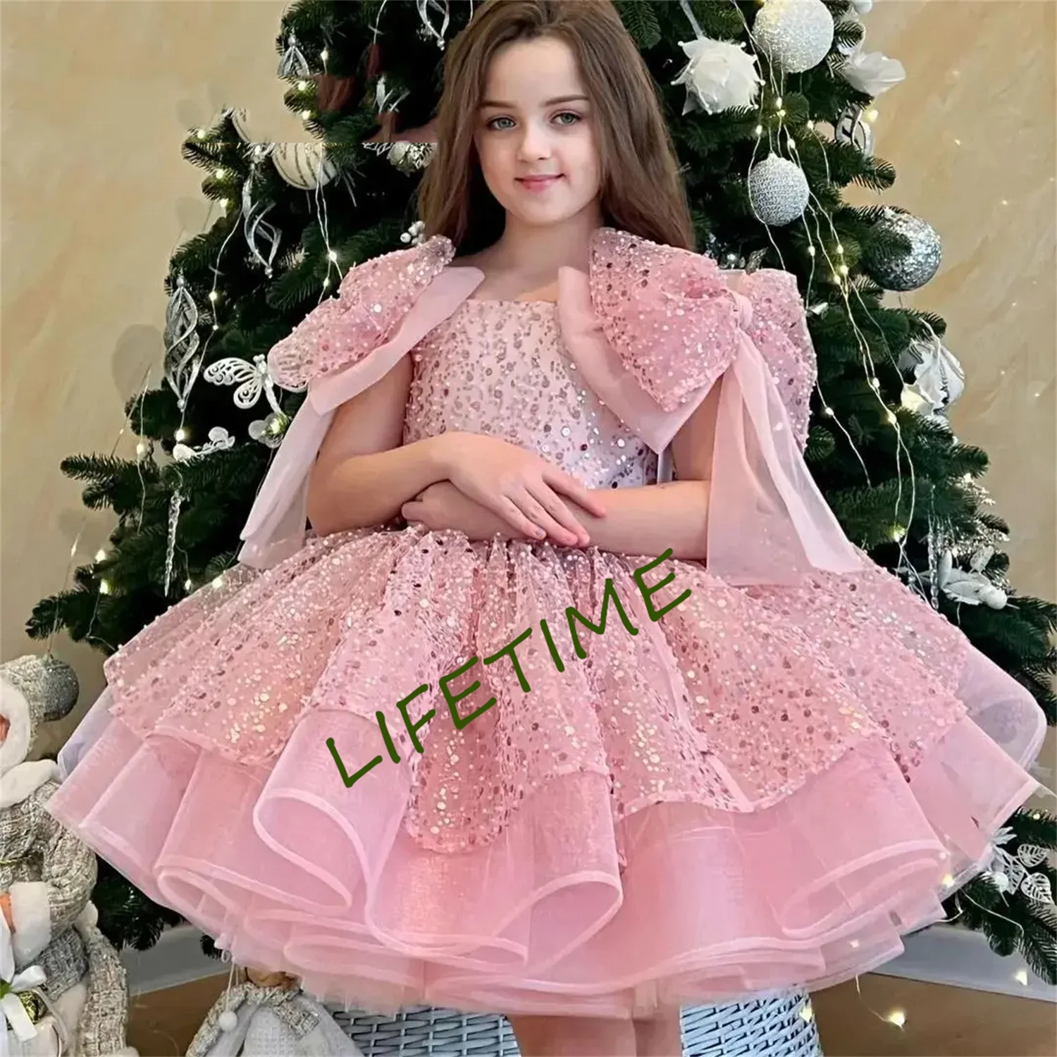 

Red Girl Dress Glitter Boat Neck Short Flower Girl Dresses Cute Baby Girl Dress Princess Dress First Communion Dress